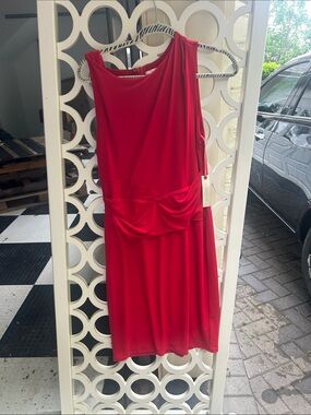 Sleeveless Red Midi Dress with Draped Waist Detail